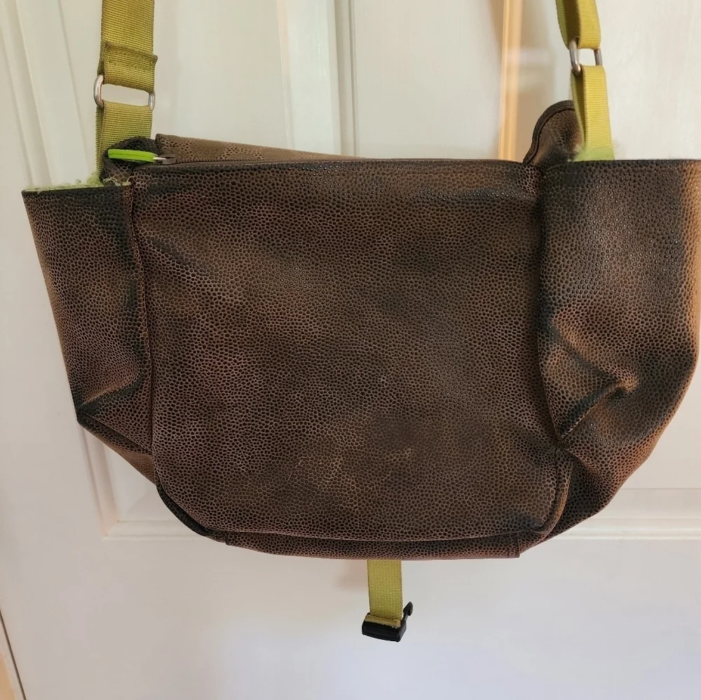 Haiku Messenger Bag Crossbody Brown Leather Lime Interior Ecofriendly Office